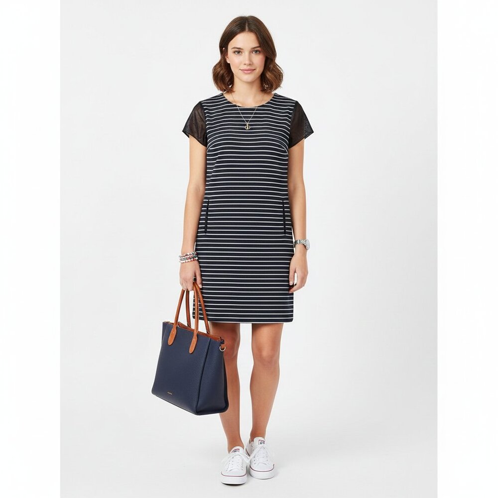 Ann Taylor Faux Leather Striped Dress Medium Preppy Fall Casual Nautical Career